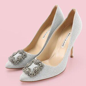 Manolo Blahnik Hangisi Silver Shimmery Embellished Pumps